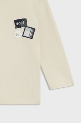 T-shirt a maniche lunghe da bambini in cotone con tre targhette con logo, Beige chiaro