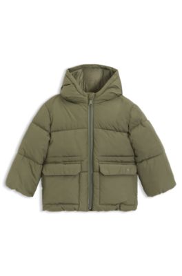 Kids' hooded puffer jacket with logo print, Dark Green