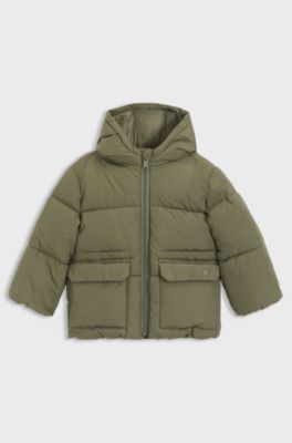 키즈 로고 프린트 후드 푸퍼 재킷, 다크 그린