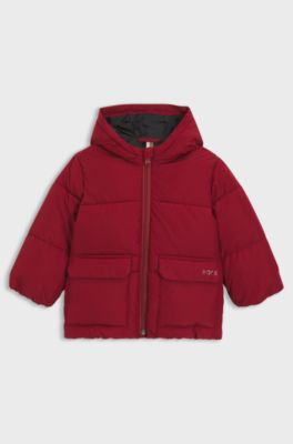 Kids' hooded puffer jacket with logo print, Red