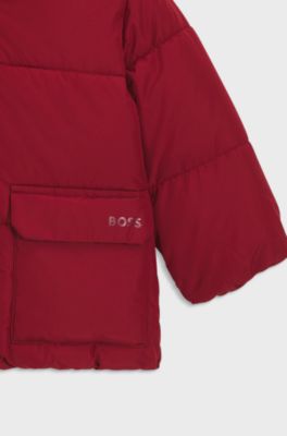 Kids' hooded puffer jacket with logo print, Red