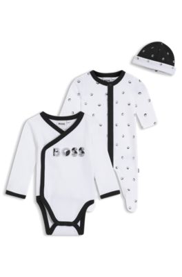 Gift-boxed sleepsuit, bodysuit and hat set for babies, White