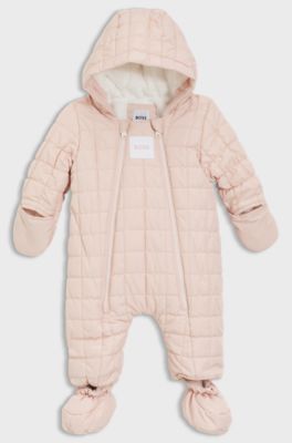 Baby hooded snowsuit with faux-fur lining, light pink