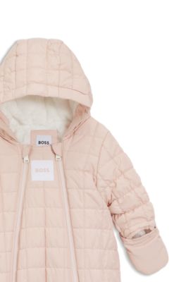 Baby hooded snowsuit with faux-fur lining, light pink