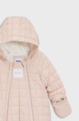 Baby hooded snowsuit with faux-fur lining, light pink