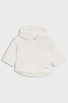 Baby knitted cardigan with hood and logo label, Natural