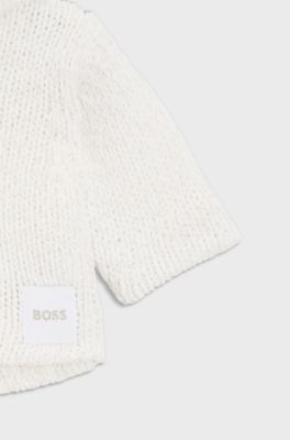 Baby knitted cardigan with hood and logo label, Natural