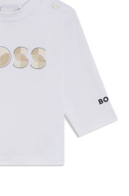 Baby long-sleeved stretch-cotton T-shirt with logo artwork, White