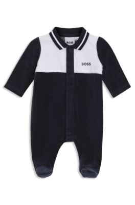 Gift-boxed colour-block velvet sleepsuit for babies, Dark Blue