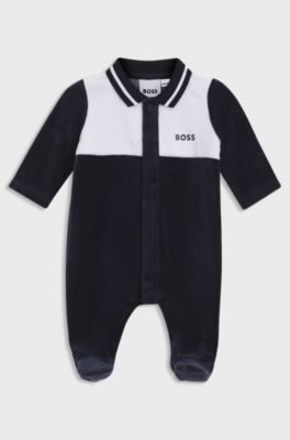 Gift-boxed colour-block velvet sleepsuit for babies, Dark Blue