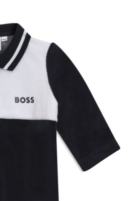 Gift-boxed colour-block velvet sleepsuit for babies, Dark Blue