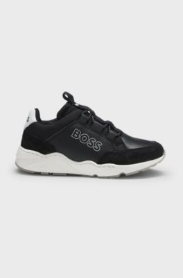 Kindersneakers met logo en imitatieleren details, Zwart