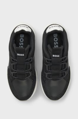 키즈 인조 가죽 트리밍 로고 스니커즈, 블랙