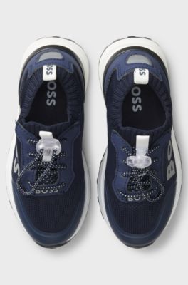 Sneakers per bambini con tomaia in maglia e materiale sintetico con logo, Blu scuro