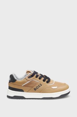 Kindersneakers met logo&rsquo;s van leer en canvas, Bruin