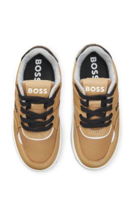 Deportivas para ni&ntilde;os de piel y lona con logo, Marr&oacute;n