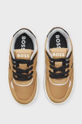 Kindersneakers met logo&rsquo;s van leer en canvas, Bruin