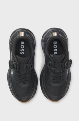 키즈 가죽 및 메쉬 로고 스니커즈, 블랙