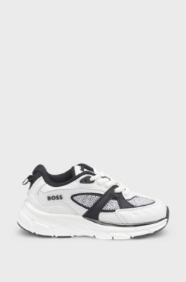 Sneakers per bambini in pelle e mesh con logo, Bianco