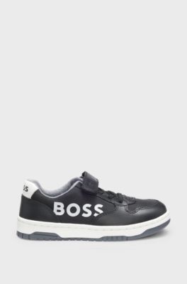 Kindersneakers met logo&rsquo;s van leer en canvas, Zwart