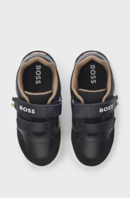Kindersneakers met logo&rsquo;s van leer en mesh, Zwart