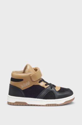 Kids' high-top logo trainers in velvet and leather, Brown