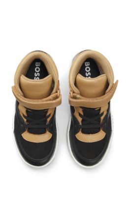 Kids' high-top logo trainers in velvet and leather, Brown