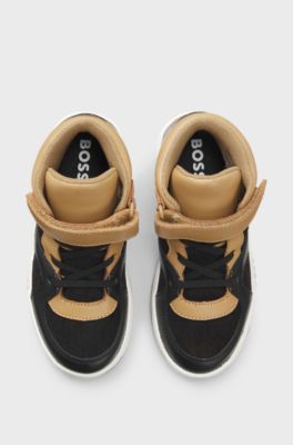 Kids' high-top logo trainers in velvet and leather, Brown