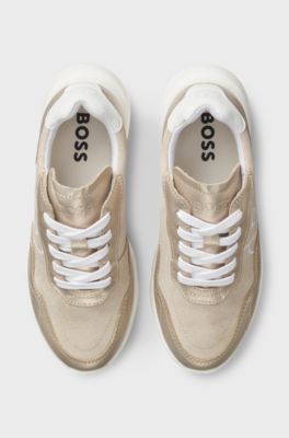 Sneakers per bambini in pelle scamosciata e pelle metallizzata, Beige chiaro