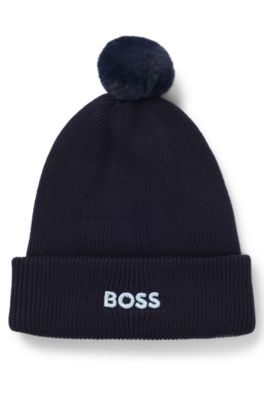 Baby beanie hat in cotton with logo and pompom, Dark Blue