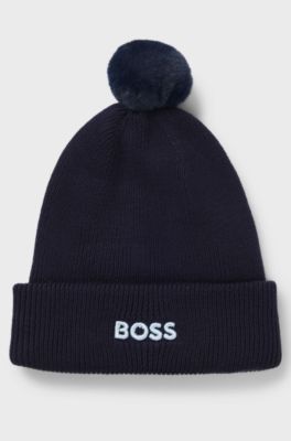 Baby beanie hat in cotton with logo and pompom, Dark Blue