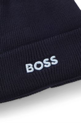 Baby beanie hat in cotton with logo and pompom, Dark Blue