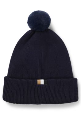 Baby beanie hat in cotton with logo and pompom, Dark Blue