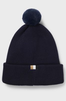 Baby beanie hat in cotton with logo and pompom, Dark Blue