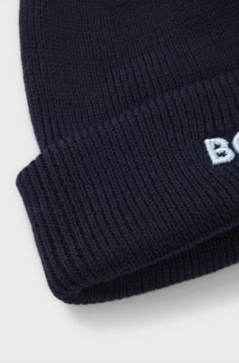 Baby beanie hat in cotton with logo and pompom, Dark Blue