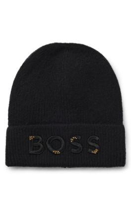 Kinderbeanie met logostiksel en -studs, Zwart