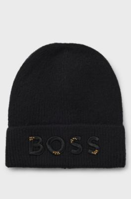 Kids' beanie hat with embroidered and studded logo, Black