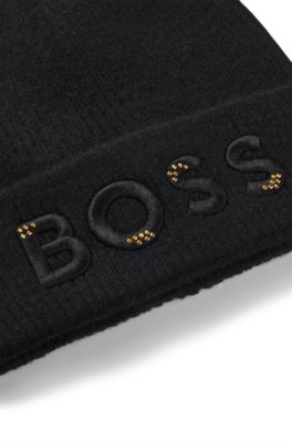 Kids' beanie hat with embroidered and studded logo, Black