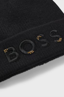 Kids' beanie hat with embroidered and studded logo, Black