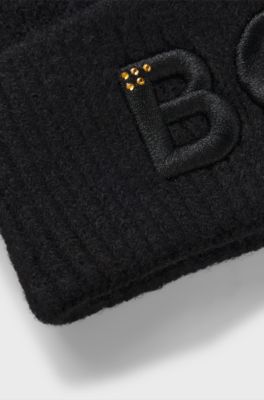 Kids' beanie hat with embroidered and studded logo, Black