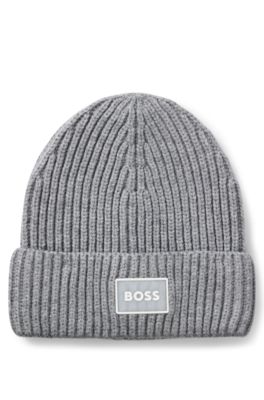 Kids' beanie hat with rubber logo badge, Dark Grey