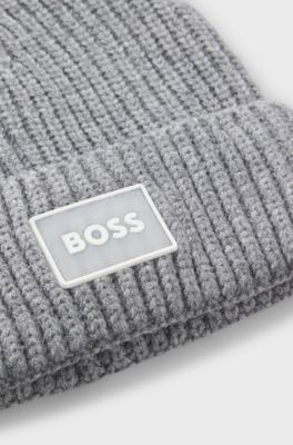 Kids' beanie hat with rubber logo badge, Dark Grey
