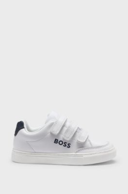 Kids' logo trainers in leather with triple riptape straps, White