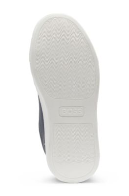 Kids' logo trainers in leather with triple riptape straps, Dark Blue