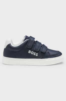 Kids' logo trainers in leather with triple riptape straps, Dark Blue