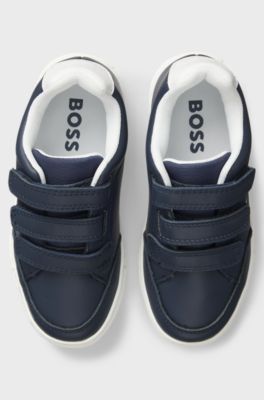 Kids' logo trainers in leather with triple riptape straps, Dark Blue