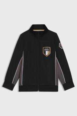 Cardigan per bambini in misto cotone con zip e targhetta brandizzata, Nero