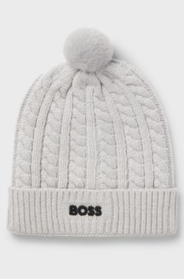 Kids' cable-knit beanie hat with embroidered logo, Light Grey