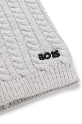 Scaldacollo per bambini in maglia a trecce con logo ricamato, Grigio chiaro