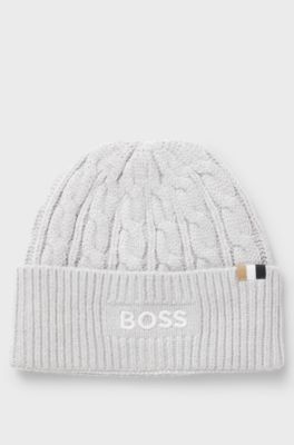Kids cable-knit beanie hat with embroidered logo, Light Grey